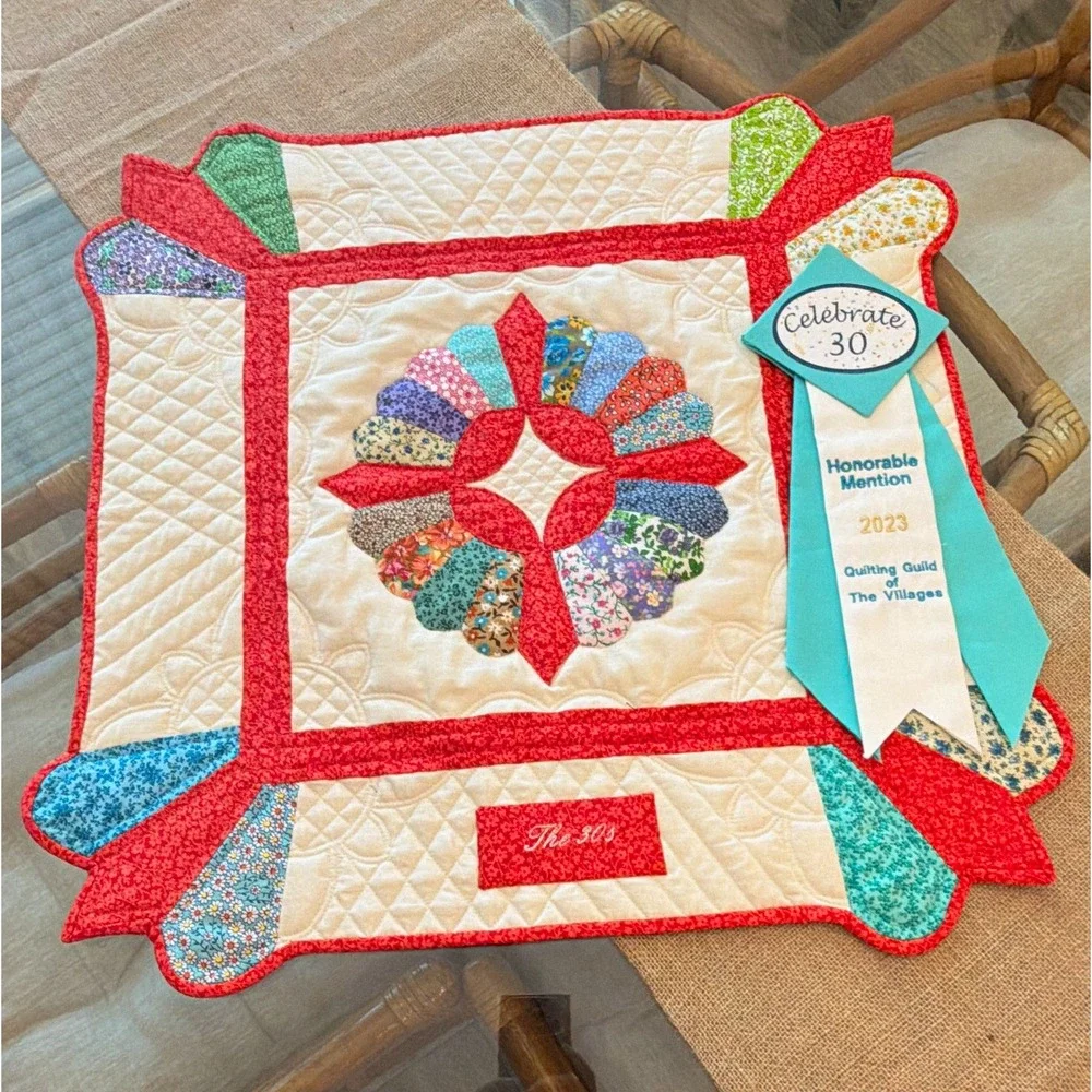 Handmade Quilted Patchwork Floral Table Runner Red White Multi Dresden Plate